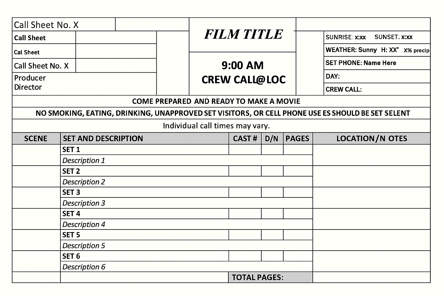 New Film call sheet template for production